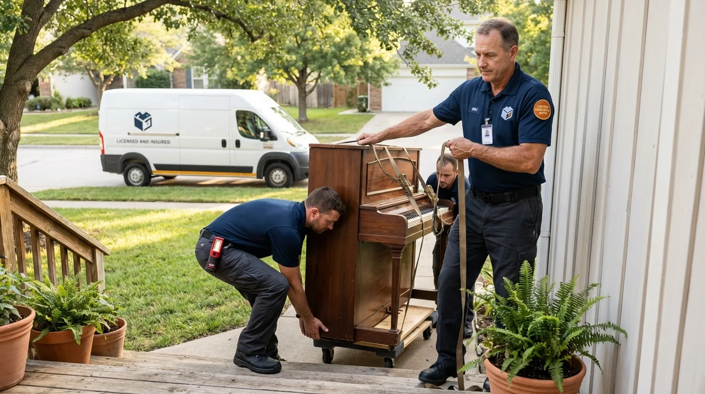 Licensed piano movers securing grand piano in Hazlehurst, MS