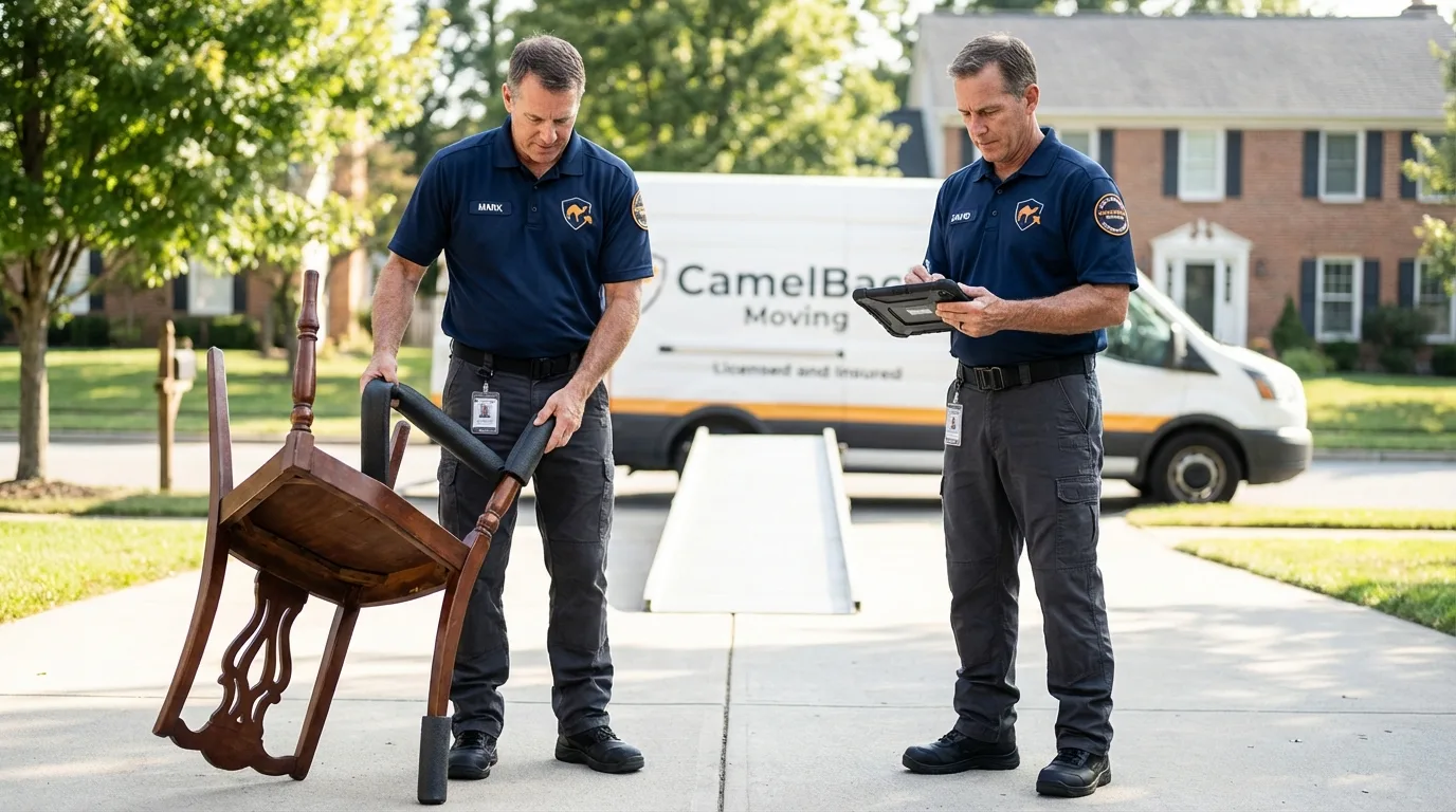 Movers inspecting furniture for damage prevention before loading in Hazlehurst, MS