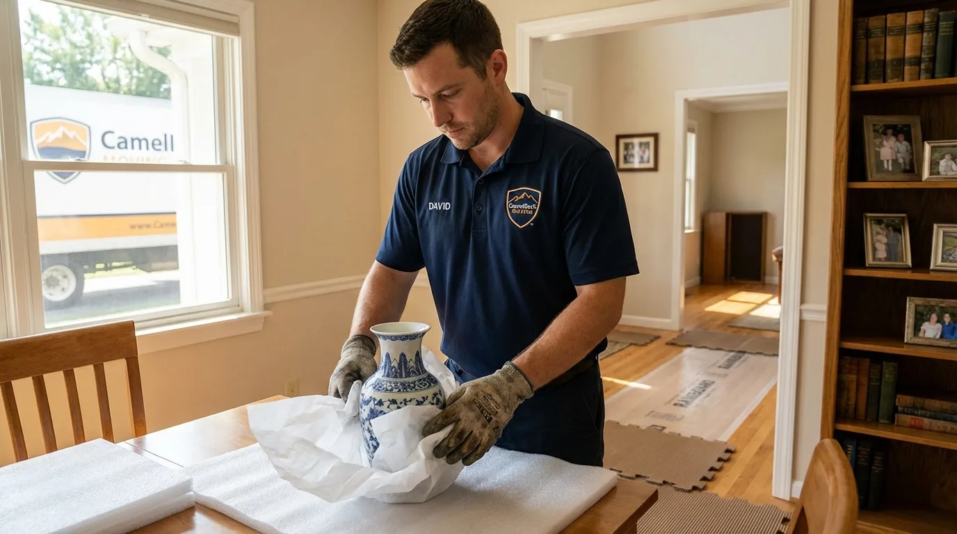 Professional crew carefully wrapping antique vase for senior downsizing move in Hazlehurst, MS